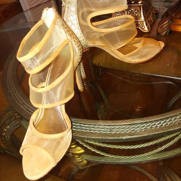 NEW DONALD J PLINER 8 M TAN & GOLD SNAKESKIN LEATHER MESH SANDAL HEELS - Picture 11 of 11